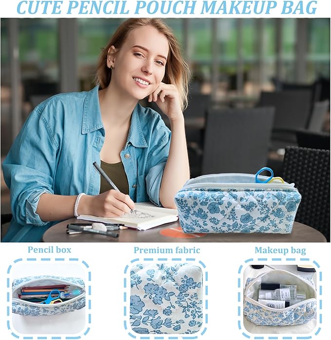 Pencil Pouch Cute Pencil Case Office Storage Bag Holder Box Organizer Aesthetic Bow Flower Pattern Makeup Pouch Cosmetic Bag for Women Girls