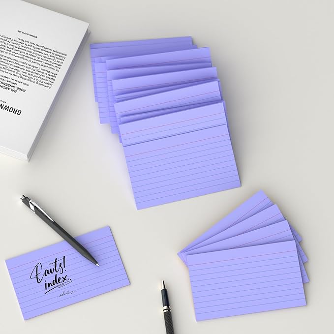 250 Count Index Cards 3x5 Inch 180gsm, Heavy Weight Purple Color Flash Card (50 Sheets Each), Note Taking for Students, Teachers, Professionals, Study Note Cards for Office Home School