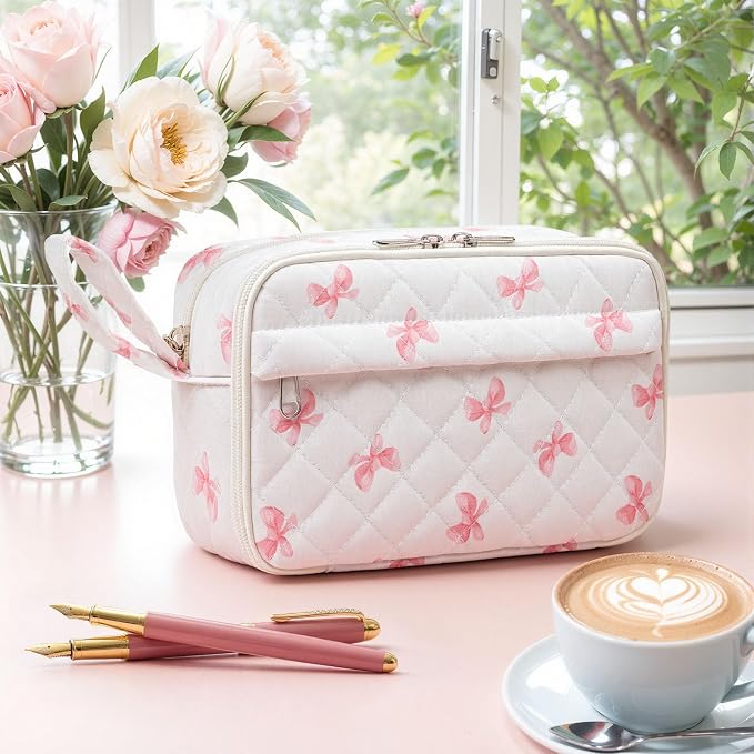 WOBAGMEN Quilted Pencil Pouch for Girls Women, Large Pencil Case Pouch with Compartments Cute Aesthetic Pencil Case Organizer, Floral Pencil Bag for School Supplies (Pink cute Bow)