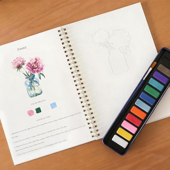 Beginner Watercolor Painting Kit Watercolor Workbook Coloring Book 12 Colors Paint Set with Brush, Easily Master Beginner Friendly Watercolor Paint Set Gift for Adults Teens. (Christmas)