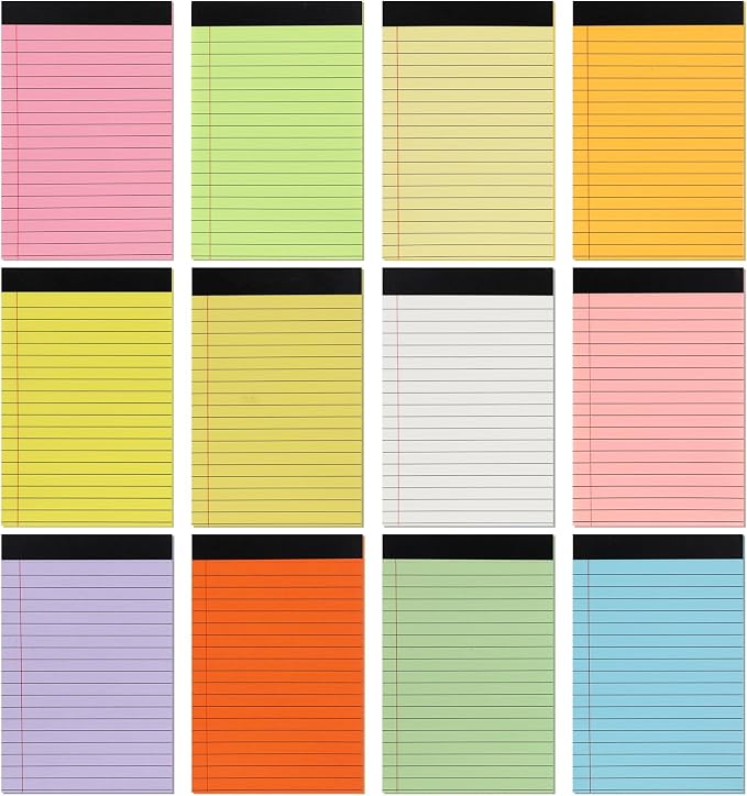24 Pack Small Legal Pads 4x6, 12 Colors College Ruled 30 Sheets Each 80 Gsm
