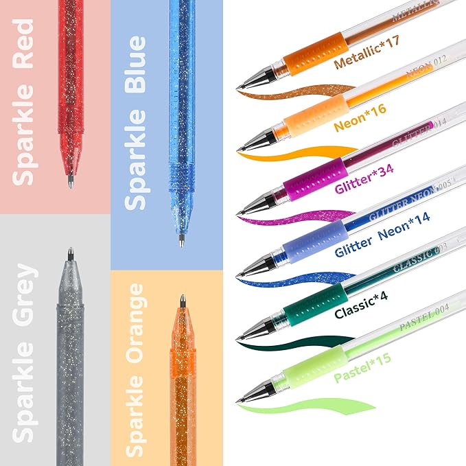 202 Pack Gel Pen For Adults Coloring Books, 104 Artist Pens Include 100 Colored Pens, 4 Metallic Sparkle Pens With 98 Refills, Fine Tip Metallic Gel Pen for Drawing Journaling Craft Art Supplies