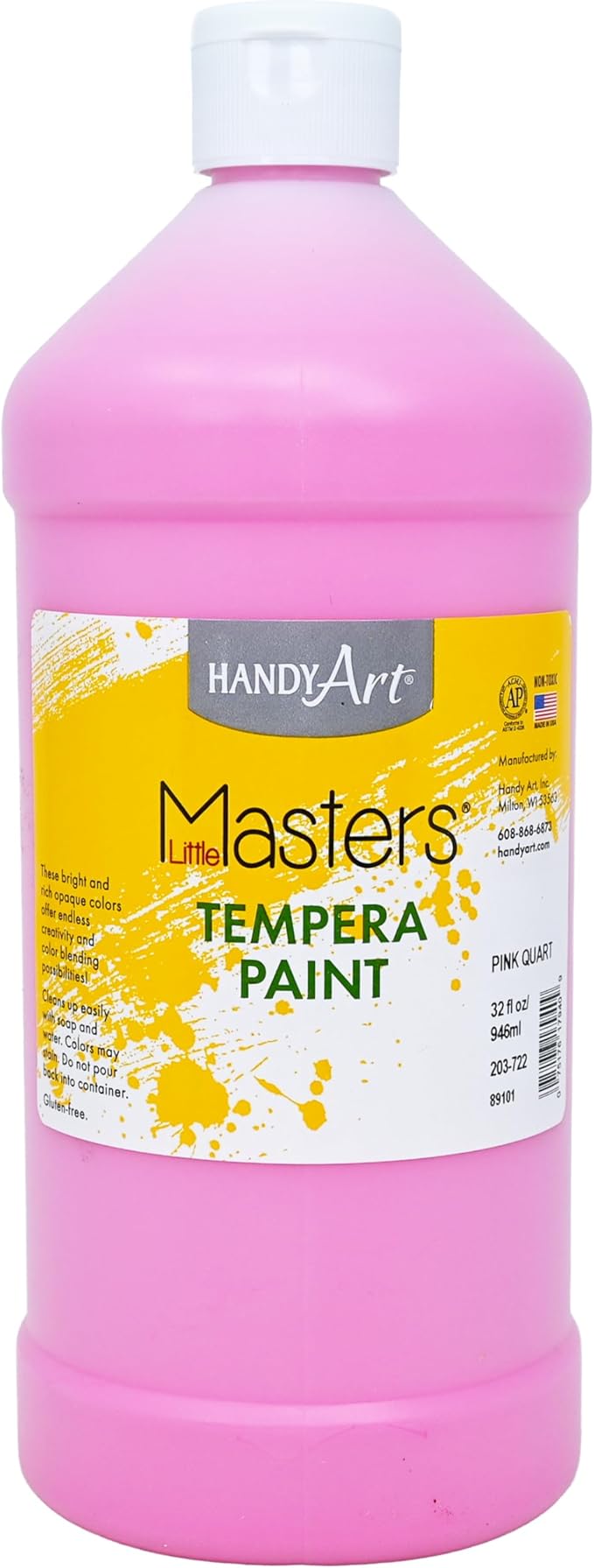 Handy Art Little Masters Tempera Paint, Pink, 32 oz Bottle, Bright & Mixable, High Opacity, Washable Colors for Classroom, Students, Kids, Young Artists, Safe & Non-Toxic, Made in USA