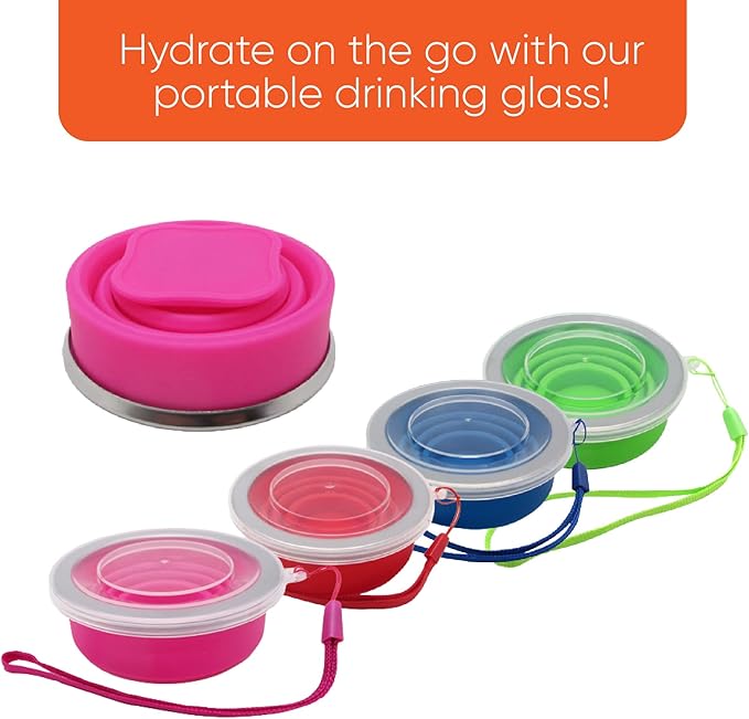 Gadgetime USA Collapsible Drinking Cup (Pack of 4) - Reusable Travel Mug - Silicone Drinking Glass for Hiking, Picnic, Camping & More - Small Portable cup for Outdoors - Folding Cups with Lids