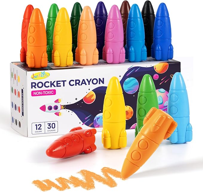 JUPITEARTH 12 Colors Crayons for Toddlers, Non-Toxic Washable Rocket Crayons, Easy-to-Hold Coloring Gifts & Mess-Free Art Supplies for Little Hands