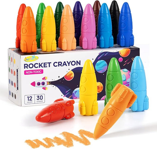 JUPITEARTH 12 Colors Crayons for Toddlers, Non-Toxic Washable Rocket Crayons, Easy-to-Hold Coloring Gifts & Mess-Free Art Supplies for Little Hands