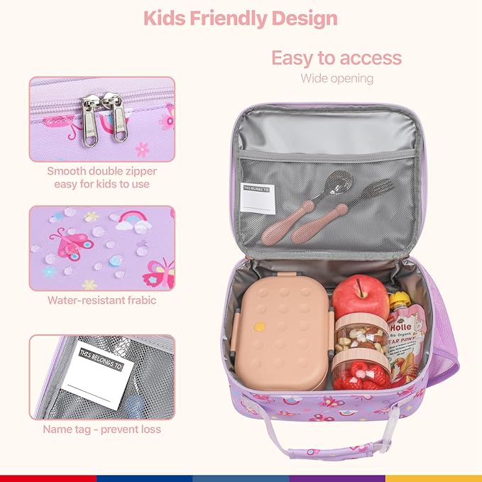 Bagseri Kids Lunch Bag Girls - Thermal Insulated Lunch Box Tote with Water Bottle Holder, Reusable Leak-Proof Kids Lunch Box for Daycare & School, Purple Butterfly (Containers Not Included)