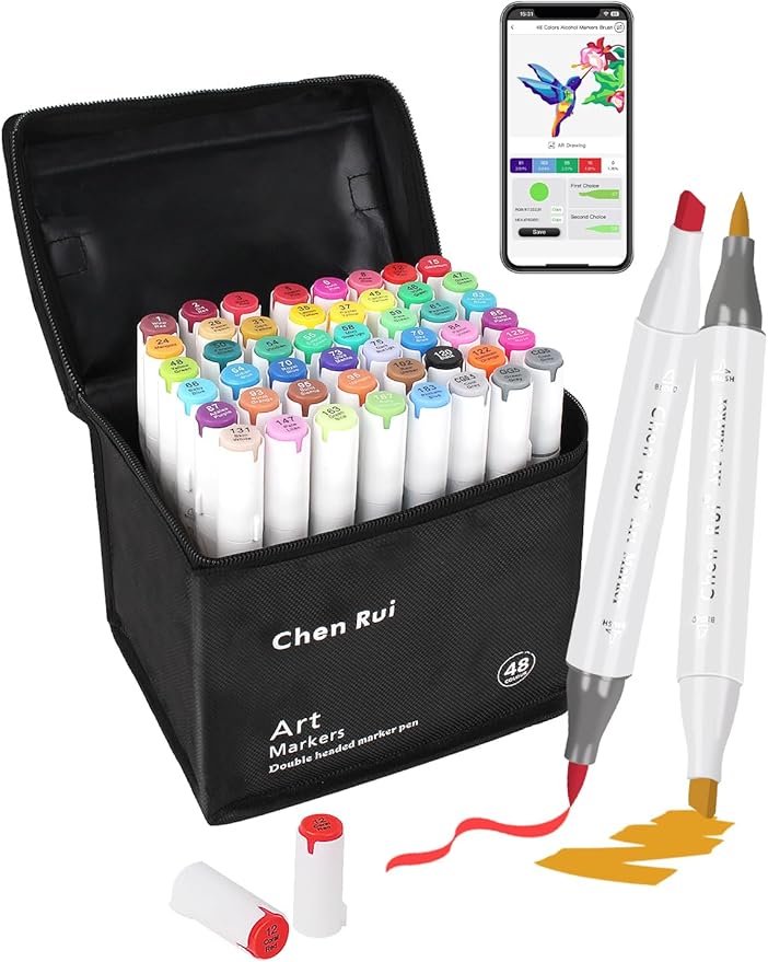 YHC 48 Colors Alcohol Markers Brush Tip with Free App, Chen Rui Series Chisel & Brush Tips Alcohol Brush Markers for Adults Coloring, Drawing, Painting, Illustration, Sketching
