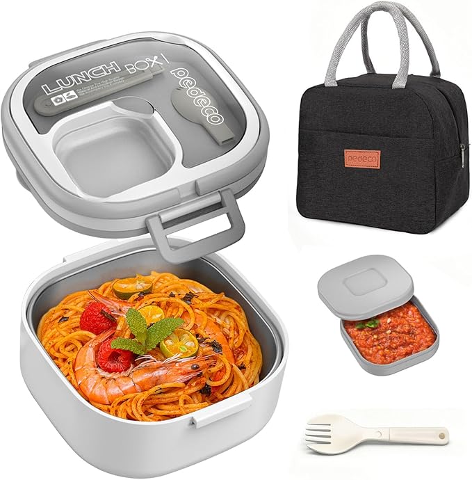PEDECO All-in-one Stainless Steel Bento Box with Insulated bag,Leak-Proof,1-Tier Bento box,Lunch Box With Portable Sauce Pod and Cutlery-for Kids/Toddler,Dishwasher Safe,White
