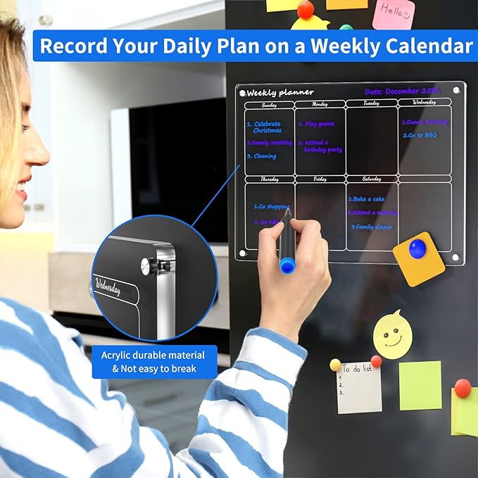 AITEE Acrylic Magnetic Weekly Calendar for Fridge, 16"x12" Inches Clear Weekly Planner for Refrigerator Includes 6 Dry Erase Markers with 3 Colors