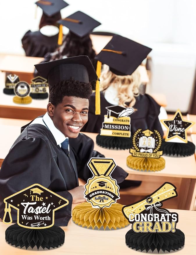 9Pcs Graduation Centerpieces for Tables 2026 - Graduation Table Decorations Black and Gold Honeycomb Centerpiece Class of 2026 Congratulate Table Toppers Congrats Grad Party Supplies
