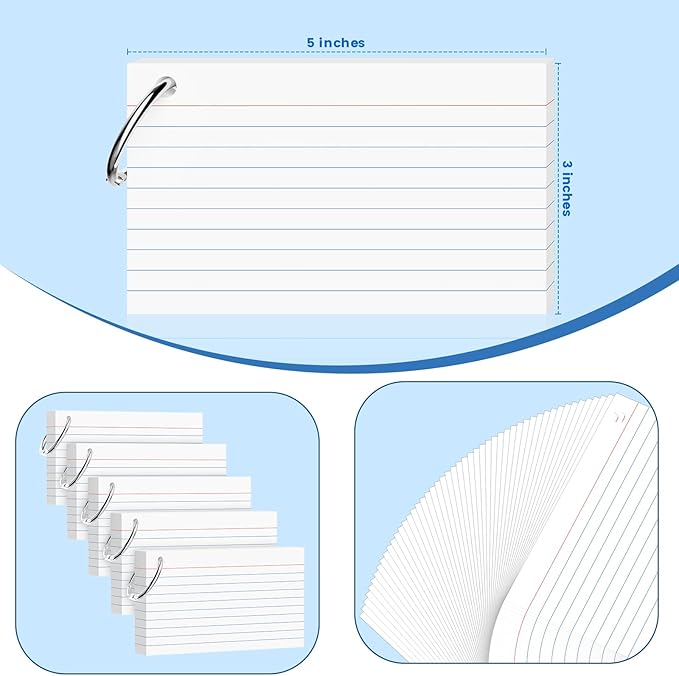 250-Pack White Index Cards 3x5 Inch w/Key Ring – 180gsm Heavyweight Flashcards – Flash Cards Study & Note Cards (50 Sheets Each)– Perfect for Study, Notes & Memory, Students School Supplies