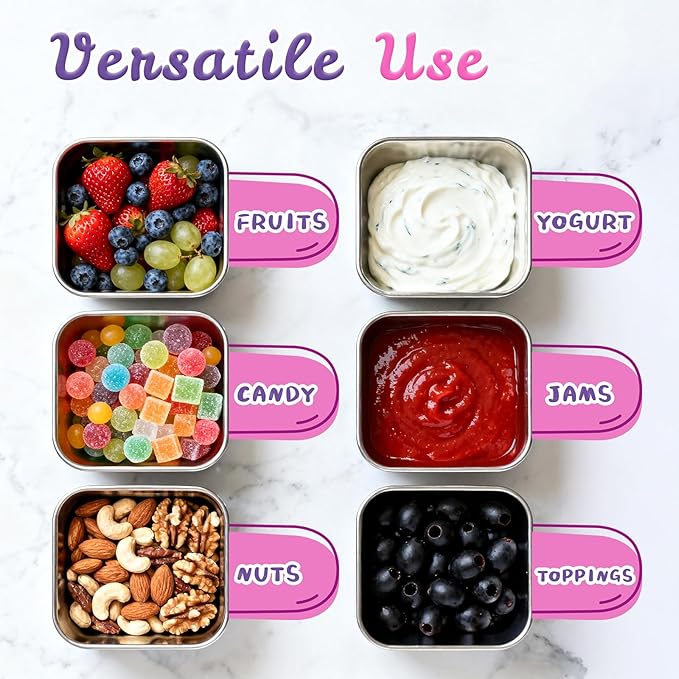 Tanjiae 6-Pack Small (6 oz) Stainless Steel Snack Containers for Kids, Easy-Open Toddler Snack Containers with Lids - Cute Dinosaur Small Stackable Metal Lunch Box for Daycare, School, Travel