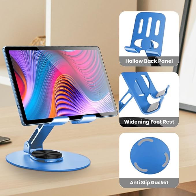 Universal Metal Cell Phone Stand, Multi-Angel Adjustable 360° Rotation Non-Slip Metal Phone Stand Compatible with iPhone 17 16 Pro Max and All Smartphones (Blue&Blue)