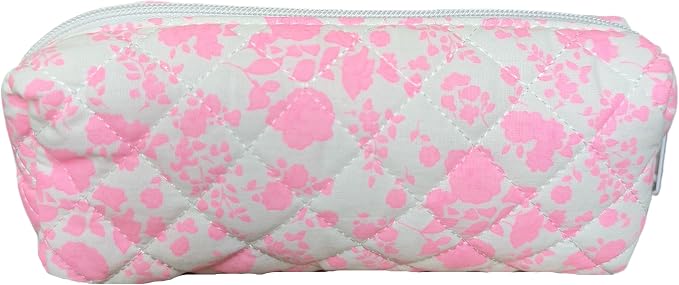 Cute Mini Quilted Makeup Bag for Women Travel Cosmetic Bags Lightweight Coquette Aesthetic Floral Toiletry Organizer Case (O-Hot Pink)