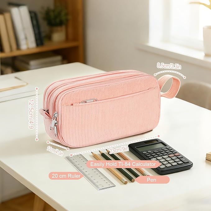 TESAFNG Corduroy Pencil Case, Large Capacity Pencil Pouch with 4 Compartments, Cute Soft Aesthetic Stationery Pen Bag Organizer with Zipper, Portable School Supplies for Teen and Adult Girls, Pink