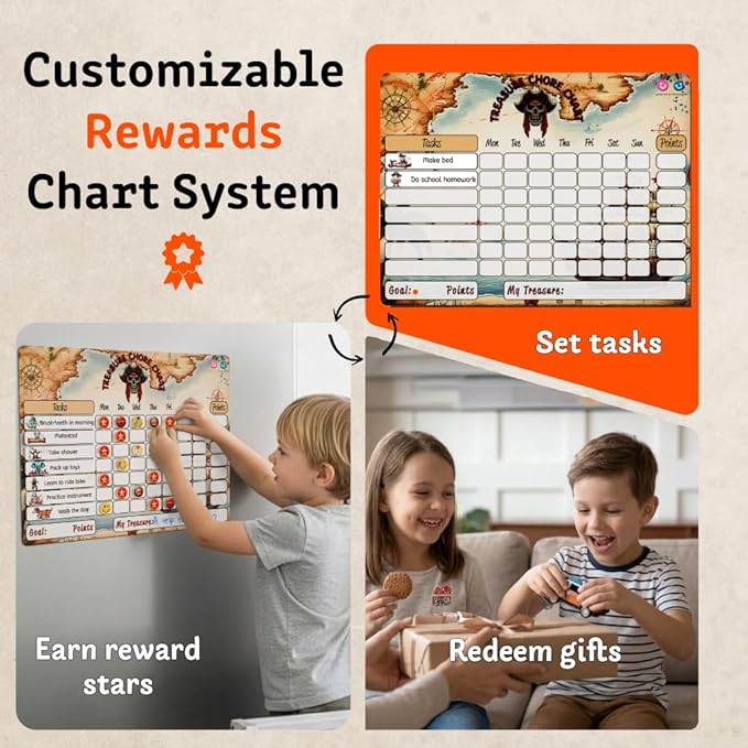 Mimi Doodle Magnetic Chore Chart for Kids – 16x12 Dry Erase Daily Responsibility Board for Fridge with 39 Chore tabs, 100 Reward Stickers – Behavior Chart for Kids at Home – Pirate Theme