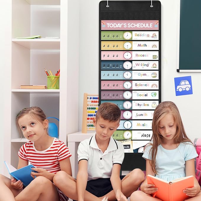 Ctosree 32 Pcs Daily Schedule Pocket Chart Rainbow Pocket Charts Classroom Pocket Chart Schedule 13+1 Pocket Kids Schedule Charts Teaching Scheduling Pocket Charts with Cards for School Classroom