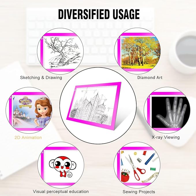 Pink A4 Dimmable LED Artcraft Light Box Tracer Slim Light Pad Portable Tablet, USB Power Cable Copy Drawing Board Tracing Table for Artists Designing, Animation, Sketching, Stenciling X-ray Viewing