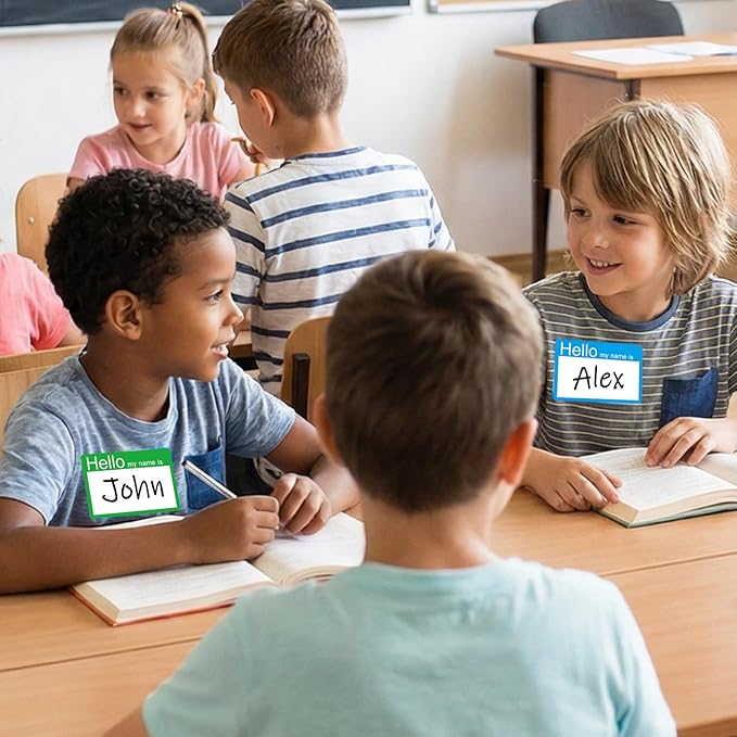 Name Tags Stickers 4 Colorful (Hello My Name is) Border Tag Labels - 200 Stickers (3.5 x 2.25 inch) for School Office and Home