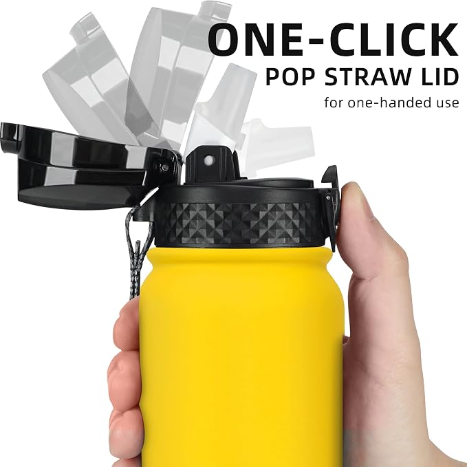 Fanhaw 20 Oz Kids Insulated Stainless Steel Water Bottle with Straw Lid, Leakproof & Anti-Dust Everyday Use Bottle for School, Women & Men, Back to School Essentials (Yellow)