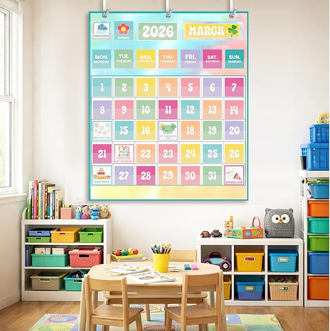 Tinlade Classroom Calendar Pocket Chart Set with 115 Cards 24 x 28 Inch Rainbow Pastel Calendar Bulletin Board Pocket 2026-2033 Festival Weather Teacher Supplies for Back to School Wall Decoration