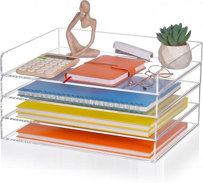 Harloon 4 Tier Acrylic Paper Tray Organizer, Heavy Duty Stackable Clear Organizer for A4/Letter Paper, Acrylic File Storage for Desk, Office Workspace, No Assembly Required, 13 x 10 x 1.7 Inches