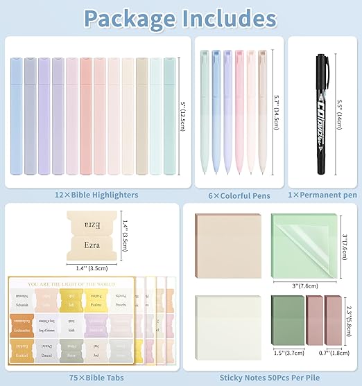 30 Pcs Bible Journaling Kit, Colored Bible Study Supplies, 12 Pastel No Bleed Highlighters and 6 Colored Pens, Transparent Sticky Notes and Bible Tabs Set and More, Book Annotation Kit for Women & Men