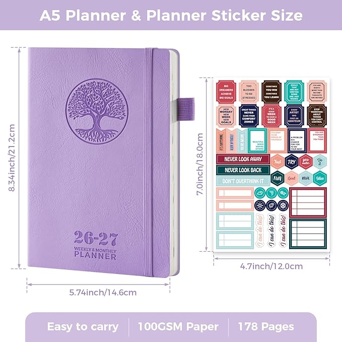 Academic Planner 2026-2027, July 2026 - June 2027 Weekly and Monthly Planner/Calendar, Vegan Leather Soft Cover, A5 (5.8" x 8.3"), Planning Agenda Note Book, School Office Supplies for Women/Men
