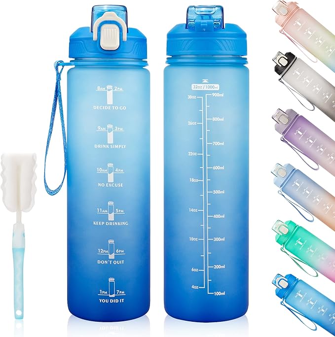 YC Kitchen Motivational Water Bottle with Time Marker- 32oz Water Bottles with Times to Drink, Leakproof & BPA Free Sports Water Bottle with Straw & Carry Strap for Fitness, Gym, and Outdoor Sports