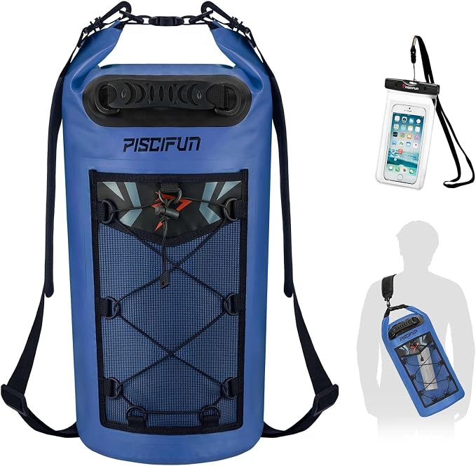 Piscifun Dry Bag, Waterproof Floating Backpack 10L/20L/30L/40L | Waterproof Phone Case, Adjustable shoulder straps, Roll-top closure keeps gear dry, Ideal for Boating, Kayaking, Fishing