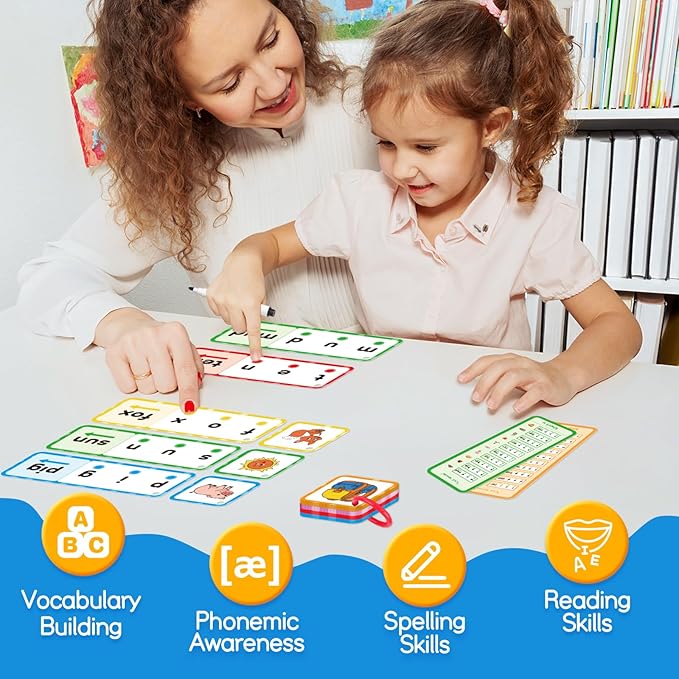 Kasfalci CVC Word Games, Flash Cards, Phonics and Speech Therapy Toys for Toddlers and Kids - Learn to Read, Spelling and Reading Learning Activities - Kindergarten Preschool Educational Toy