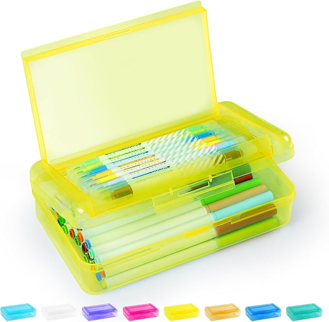 Sooez Double Layer Pencil Box, Large Hard Pencil Case Organizer, Clear Plastic Crayon Box for Girls and Boys, Colored Marker Organizer, Small Plastic Containers/Bins with Lids, Art Supply Storage