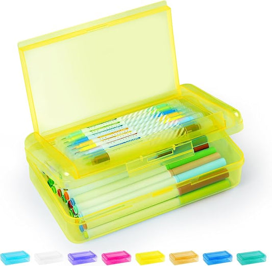 Sooez Double Layer Pencil Box, Large Hard Pencil Case Organizer, Clear Plastic Crayon Box for Girls and Boys, Colored Marker Organizer, Small Plastic Containers/Bins with Lids, Art Supply Storage