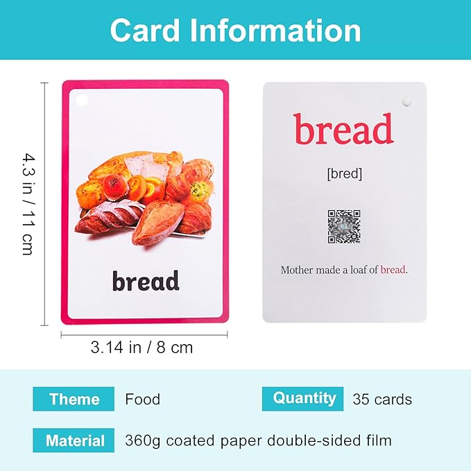Lilias Food Flash Cards, Toddler Learning Toys, Preschool Learning Toys, Homeschool Supplies, Learning Supplies for Kindergarten, 4.3 X 3.14 Inch, 35 Cards in Set
