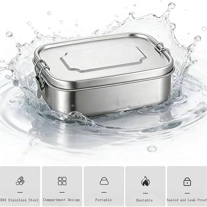 Stainless Steel Bento Box 40oz with 3 Compartments, Stainless Steel Lunch Box 1200ml, Metal Lunch Containers with Sealing Lockable Clips, Snack Containers for Adults Travel Work Dishwasher Safe
