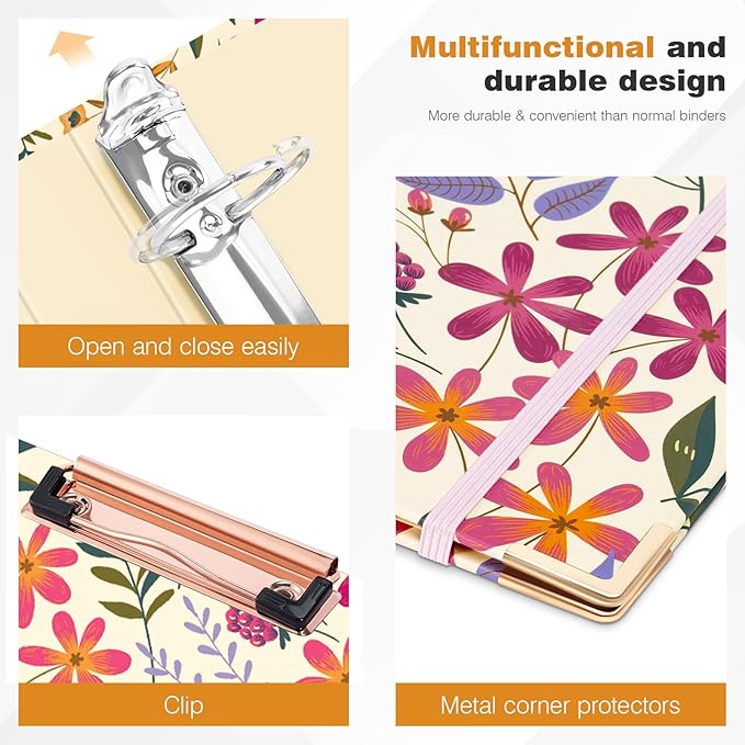 Ospelelf 3 Ring Binder, 1.5 Inch, Cute Floral Binder for Letter Size (11" x 8.5") with 5 Tab Dividers, File Folder Labels and Low Profile Clipboards