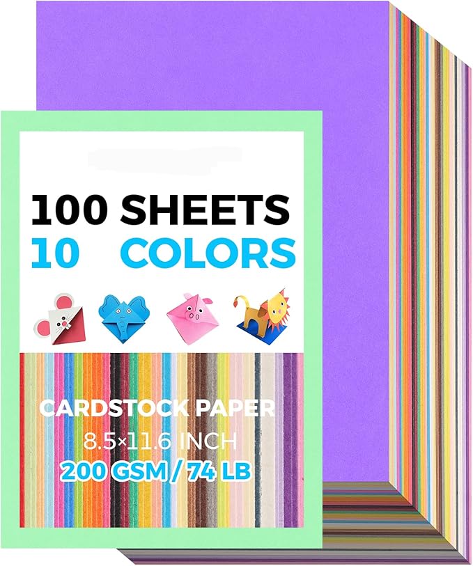 100 Sheets 8.5" X 11.6" Colored Cardstock, 200 GSM Card Stock 10 Assorted Colors Construction Paper Printer Paper for Printing, Kids School Supplies, Party Decorations, Card Making, DIY Crafts