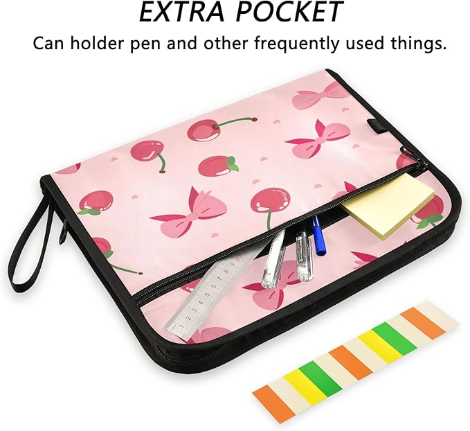 Pink Bows Cherries Pattern 13 Pocket File Organizer Expanding File Folder with Front Pouch Portable Business File Storage Document Organizer Folder with Zipper