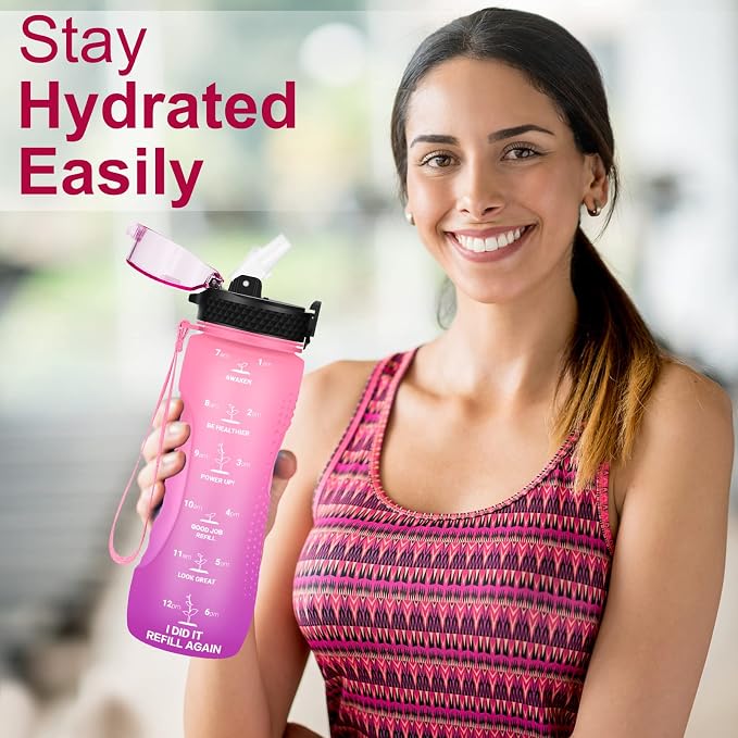 24 OZ Motivational Kids Water Bottle With Time Marker,Straw Lid,Leak Proof, Tritan BPA Free Sports Water Bottle Pink Purple(1 Lid)
