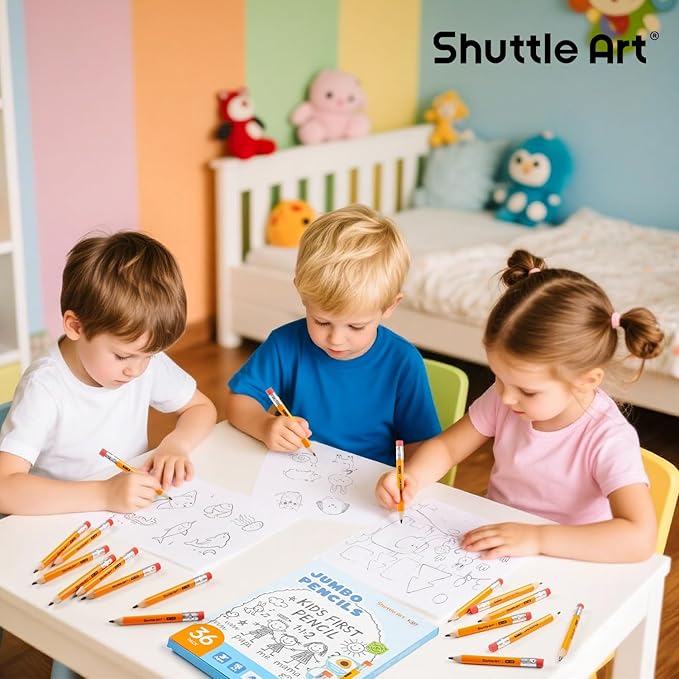 Shuttle Art Jumbo Pencils - 36 Pack Triangle Pre sharpened Pencils #2 HB with Top Erasers & Sharpener, for Kids Ages 4-6, Kindergarten School Supplies, Ideal for Home, Classroom