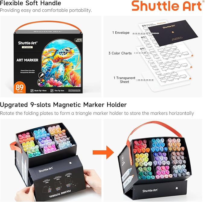 Shuttle Art Brush Tip Alcohol Markers, Dual Tip Brush & Fine Tip Art Marker Set, 89 Colors Marker Pens with Organized Case Perfect for Illustration Students Adults Coloring Sketching
