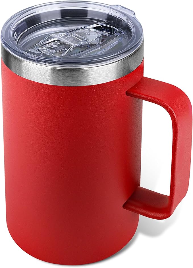 22oz Insulated Coffee Mug with Handle & Leak-Proof Lid - Double Wall Stainless Steel Travel Tumbler for Commute/Office/Home, Red, 1 Pack