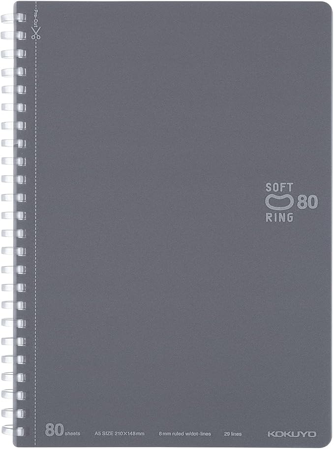 KOKUYO Spiral Lined Notebook, 8.3'' x 5.8'' Business Journal A5 Soft Ring Notebooks with Dot 6 mm Ruled, 80 Sheets, Dark Gray 1 Subject Notebook, Note Taking for Work (SU-SV338BT-DM)