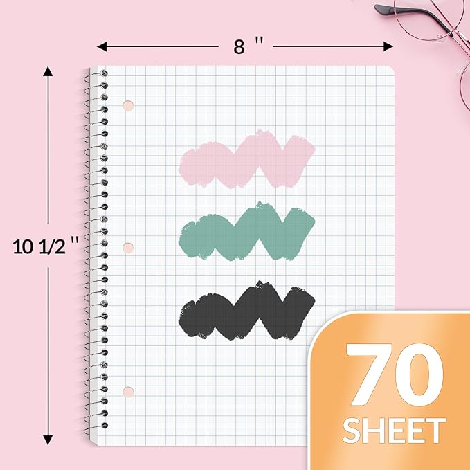 SUNEE Spiral Notebook, 1-Subject, Graph Ruled Paper, 8" x 10-1/2", 70 Sheets, 5 Squares per inch Spiral Grid Notebooks for Work, Home, School, Writing, Pink