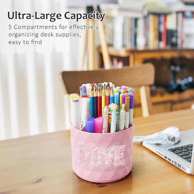 Bling Desk Organizer, Glitter Love Rhinestone Rotating Pencil Pen Holders For Desk,Diamond-Patterned Pen Organizer With 5 Compartments,Stylish Desk Accessories For Office School Home