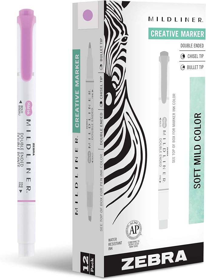 Zebra Pen Mildliner Double-Ended Highlighter Marker Set, Broad and Fine Point Tips, Ideal for Bible Highlighting, No Bleed, Mild Magenta Ink, 12-Pack (78270upc)