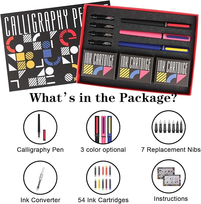 GC QUILL Calligraphy Pens Set 64pcs - Calligraphy Fountain Pen Set with 3 Fountain Pens, 7 Varied Nibs, 54 Ink Cartridges(10 Colors) - Writing, Drawing and Calligraphy Practice for beginner GC-F354