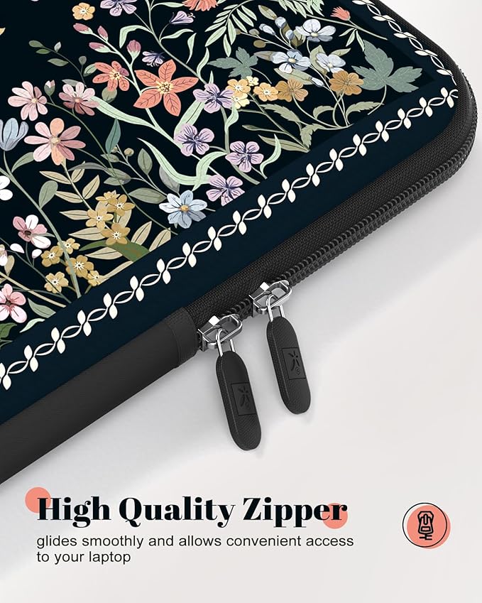 iCasso Laptop Sleeves 13 inch,Retro Laptop Carrying Case Black,13-13.6 inch Computer Sleeve Bag Compatible with MacBook Neo/Air/Pro 13-14 Sleeve, HP Dell ASUS Lenovo Chromebook Notebook,Flowers