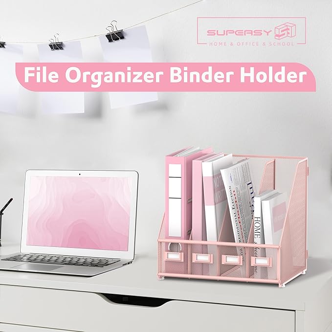 SUPEASY Magazine File Holder Desk Organizer, Metal Binder Holder with 4 Vertical Compartments for Office Home School, Pink